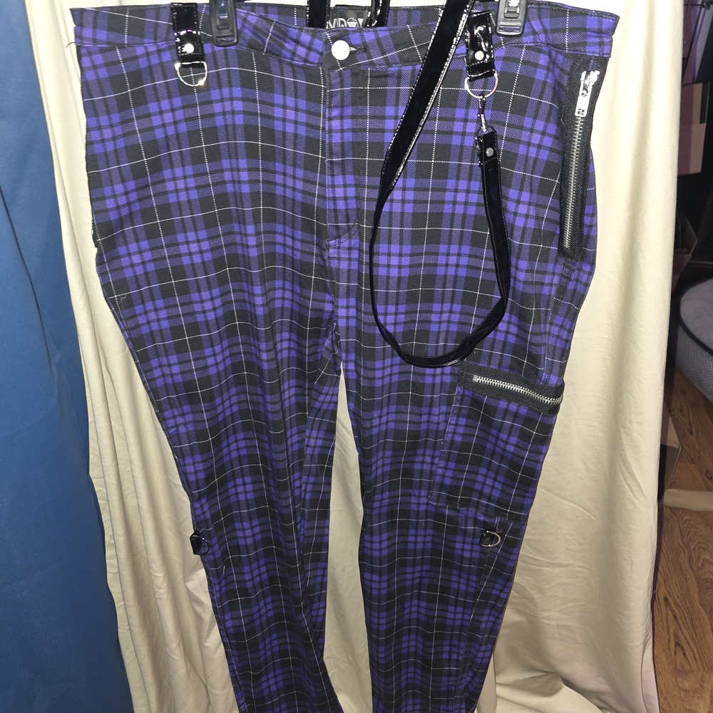 DOLLS KILL Purple Plaid Pants with Zipper Details 3X